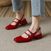 法式罗马包头凉鞋女粗跟夏季中跟后空单鞋女红色漆皮复古玛丽珍鞋
