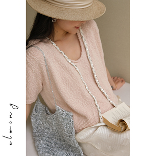 Elwing原创特种花式棉纱针织短袖女夏季法式复古手工定制花边开衫