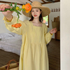 韩国chic秋季甜美减龄方领后背单排扣宽松长款蕾丝花边连衣裙女