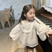 女童套装韩版雪纺长袖娃娃，衫圆领纯色，套头泡泡袖上衣短裤两件套潮