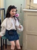 韩国童装女童长袖时髦大翻领复古白衬衫娃娃衫牛仔短裙2024春夏