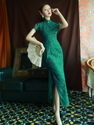 绿色蕾丝旗袍2022年改良长款年轻款少女复古中国风日常连衣裙
