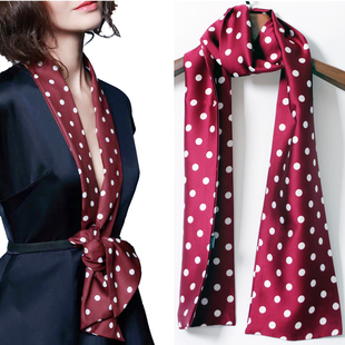 韩国红色圆点复古长条丝巾细窄围巾丝带衬衫领带领巾ins职业腰带