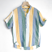 亚麻T恤男日系色织条纹立领短袖衬衫男士花衬衣夏季上衣2023
