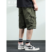 休闲短裤男夏季薄款宽松直筒美式五分裤，军绿色多口袋工装裤子外穿