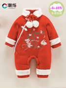 婴儿连体衣冬季加厚女宝宝，周岁衣服冬季女童，百日宴服装红色拜年服