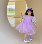 女童连衣裙夏季2022夏装韩版童装宝宝薄款纱裙儿童紫色公主裙