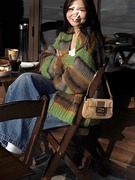 法国Rouje Irene绿色条纹v领毛衣外套女秋冬季宽松中长款针织上衣