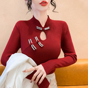 红色毛衣女新中式盘扣泡泡袖针织衫2024春秋款半高领打底上衣