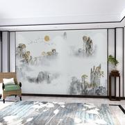 现代中式客厅山水，装饰壁画素雅电视背景墙纸金色，壁布酒店大厅墙布