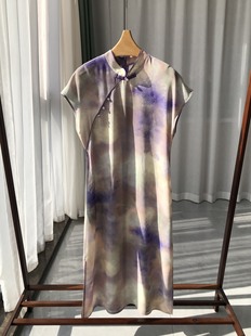轻国风·新中式温柔气质烟紫色 旗袍式真丝短袖连衣裙