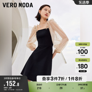 Vero Moda奥莱连衣裙子春秋甜美网纱波点水钻泡泡袖公主裙