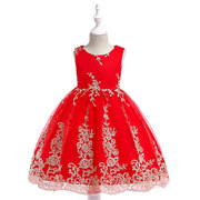2022新红色(新红色)公主裙棉里花童礼服网纱刺绣婚，纱裙儿童晚礼服表演服