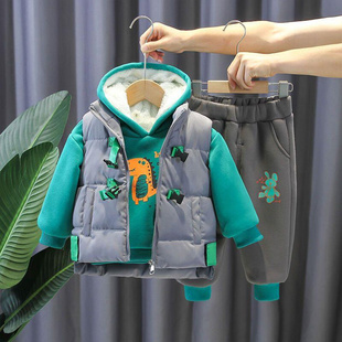 宝宝冬装加绒加厚三件套男童装，卫衣套装婴幼儿童，冬季马甲洋气衣服