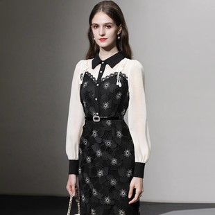 法国coleinklawin时尚拼接设计翻领，肩带花朵刺绣，蕾丝黑色连衣裙