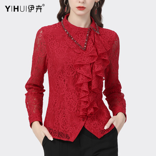 春装红色蕾丝衫打底衫女长袖设计感气质polo领修身显瘦上衣衬衫