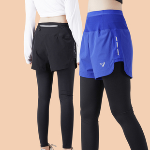五个口袋秋冬跑步短裤女加绒，健身薄款打底长裤，假两件运动裤马拉松