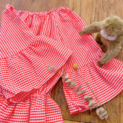 rom2领子两穿 可露肩 阔袖喇叭袖 童趣森系红色格子显瘦娃娃衫