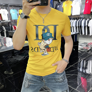 男士黄色t恤夏季欧洲站潮牌纯棉烫钻修身印花短袖休闲机器猫图案