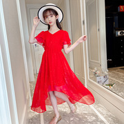 红色连衣裙女童炸街高级感夏装，前短后长大童不规则，燕尾雪纺公主裙