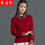 民族风女装绣花长袖t恤打底衫秋冬中国风，高领修身灯笼袖上衣