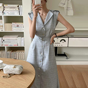 韩国chic夏季气质优雅翻领单排扣收腰系带风衣式无袖长款连衣裙