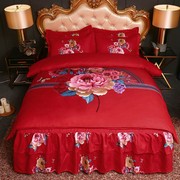 大红结婚四件套婚庆红色床，上用品色全棉床裙床罩婚嫁婚床床单被套