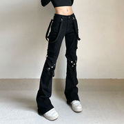 H家欧美女装 重金属朋克风金属腿环口袋牛仔裤女设计感直筒微喇裤