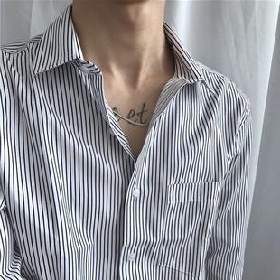 韩版修身条纹长袖衬衫，男商务休闲复古方，领宽松大码男士衬衣潮