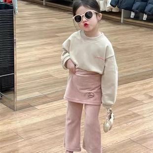 韩系童装2023春装女宝宝卫衣粉色假两件喇叭裙裤女童套装炸街衣服