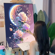 星月玫瑰数字油画手工diy风景填充涂色画手绘丙烯肌理画油彩画