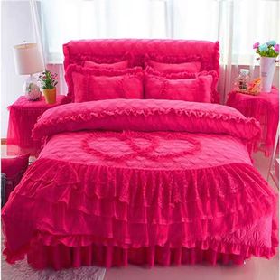 婚庆大红色公主风床单四件套加厚夹棉床裙蕾丝花边床罩被套4