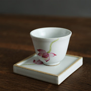 景德镇手绘荷花茶杯莲花，杯子杯垫陶瓷，功夫茶具零配件手工小品茗杯