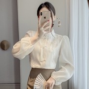 新中式国风盘扣衬衫春装女2024年设计感洋气宽松长袖立领上衣
