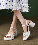 夏季凉鞋女杏色米白色粉红色高跟鞋时尚外穿法式仙女风一字带 BC