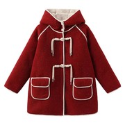 女童红色呢子外套新年2023秋冬季洋气拜年服韩版加厚加绒毛呢大衣