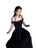 越南小众设计师买手珍珠一字肩蕾丝领黑色长礼服连衣裙大摆型纯色