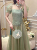新中式绿色花朵盘扣蕾丝网纱镂空短袖上衣+半身裙两件套女