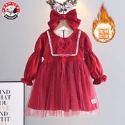 史努比女童红色礼服裙过年装拜年服冬季喜庆加绒加厚公主裙2024