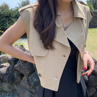 韩国chic夏季复古百搭纯色系扣设计感小众宽松短款风衣马甲外套女
