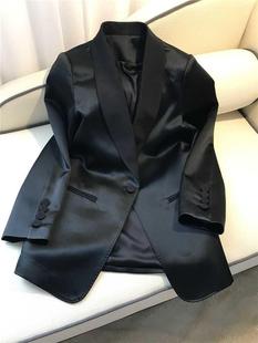 三醋酸小西装外套，女2020春秋，休闲黑色复古中长款缎面西服上衣