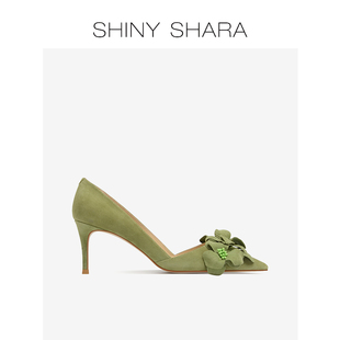 Shiny Shara/诗莎2023春夏季细跟绿色羊反绒花朵尖头高跟鞋