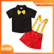 跨境韩版男童套装时尚儿童撞色绅士套装黑色衬衫+背带红色裤3件套
