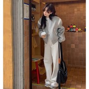 灰色短款棒球服外套女春秋冬季加绒厚棉服2024早春卫衣夹克薄