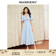 MAXRIENY精致复古连衣裙2024春款泡泡袖v领公主裙收腰显瘦仙女裙