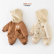 儿童棉衣套装冬季婴幼儿小熊连帽绗棉保暖加绒棉服棉裤休闲2件套