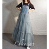 Chico设计原创牛仔背带宽松长裙通勤拼接网纱裙蓬蓬裙连衣裙CH026