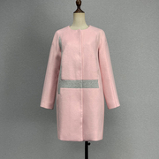 品牌折扣中长款粉红色羊毛，呢大衣秋冬小香风单排扣插肩袖口袋外套