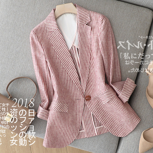 日系春夏粉色条纹修身西服，棉麻一粒扣七分袖小西装外套女薄款
