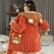 珊瑚绒冬季睡衣女保暖加厚加绒三层夹棉袄，2023年秋冬款套装家居服